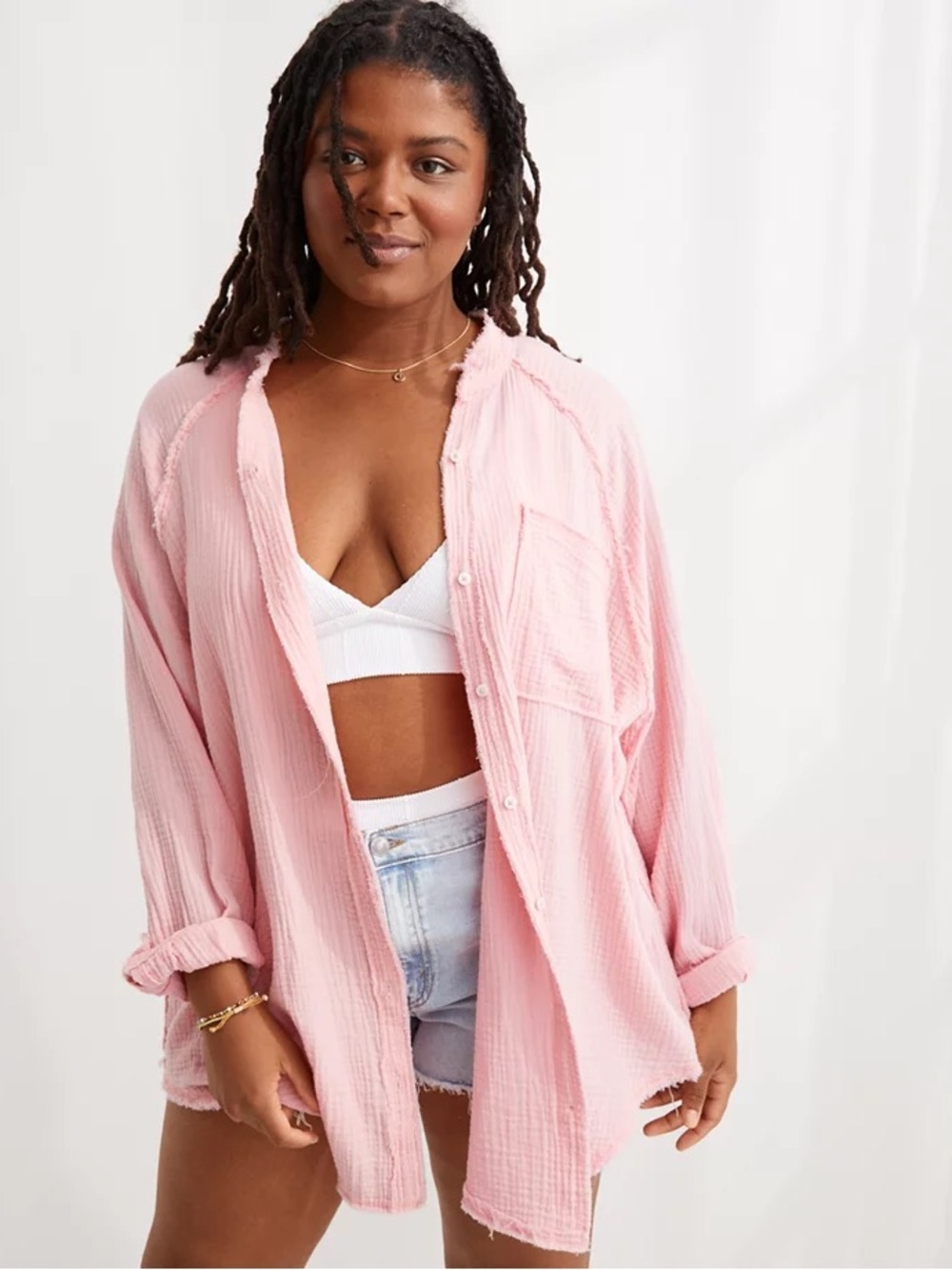 Aerie Sz M Gauze Pink Button Front Relaxed Cover Up Beachy Shirt